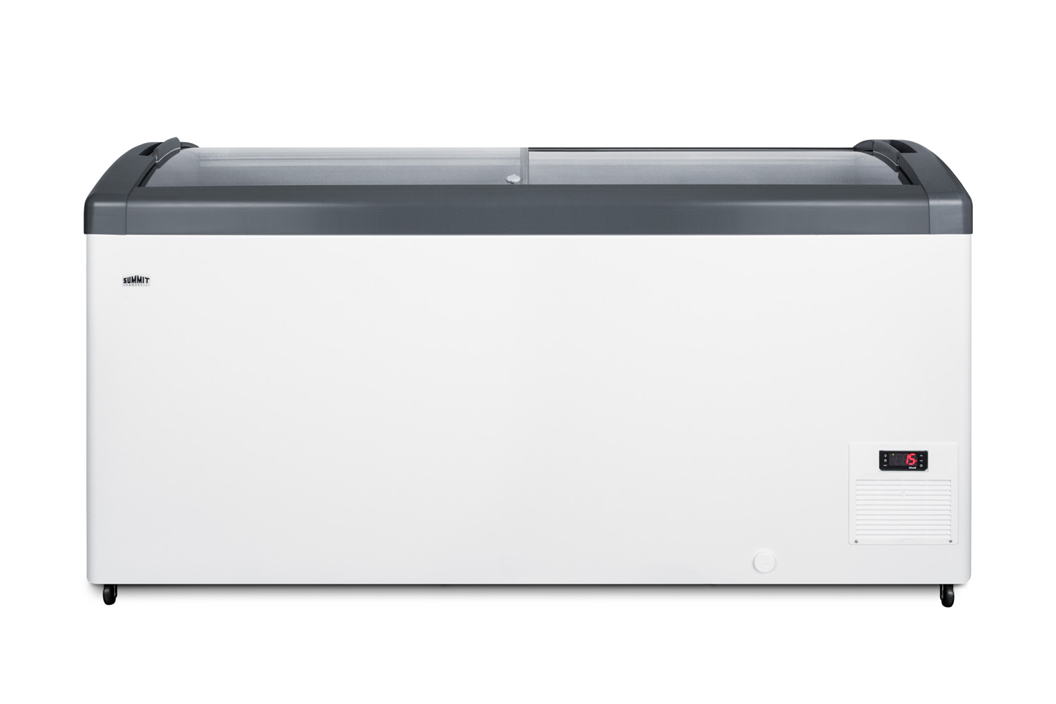 Curved top commercial ice cream freezer made in Denmark, with sliding glass lid, digital thermostat, novelty baskets, and 14.8 cu.ft. interior